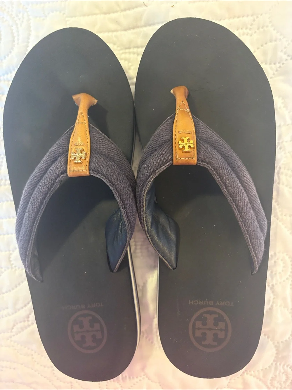 Tory Burch Navy and Tan Women's Flip Flop Sandals